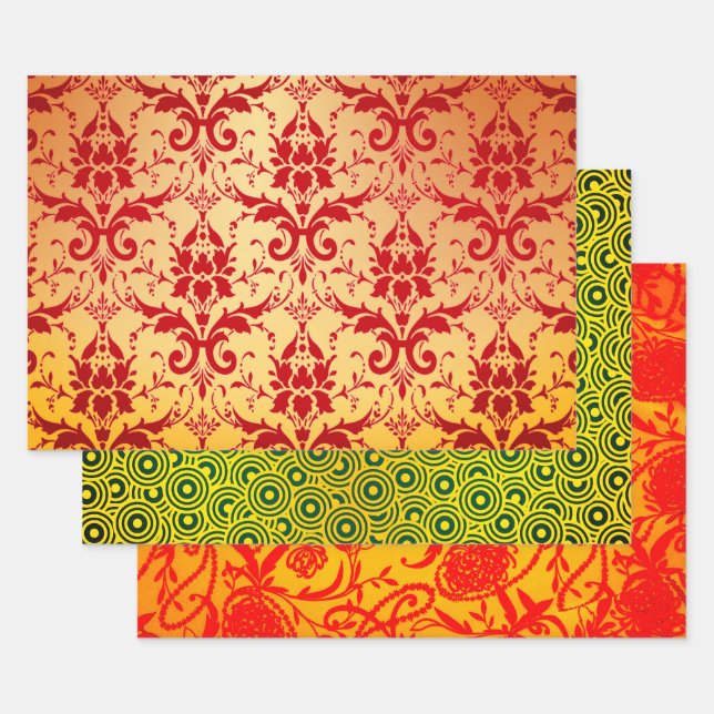 Crimson Damask, Pescara, and Paisley Pearls Wrapping Paper Sheet (Set)