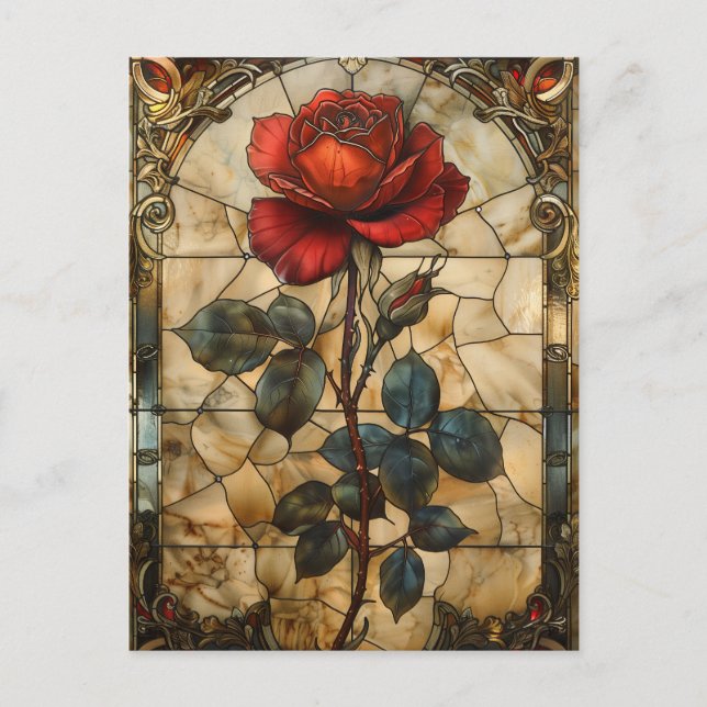 'Crimson Elegance' Stained Glass Red Rose Postcard (Front)