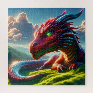 Crimson Ember Resting Dragon at Dawn Fantasy Jigsaw Puzzle