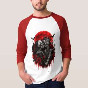 Crimson Embrace: Skeleton Lovers T-Shirt