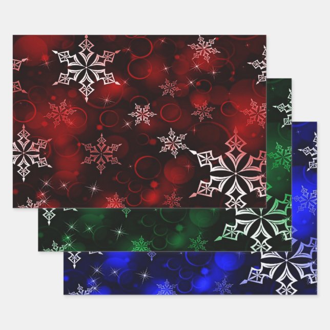 Crimson Emerald & Royal Blue Snowflake Pattern Wrapping Paper Sheet (Set)