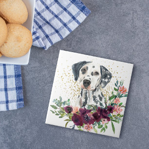 Crimson Floral Bouquet Dalmatian Dog Ceramic Tile