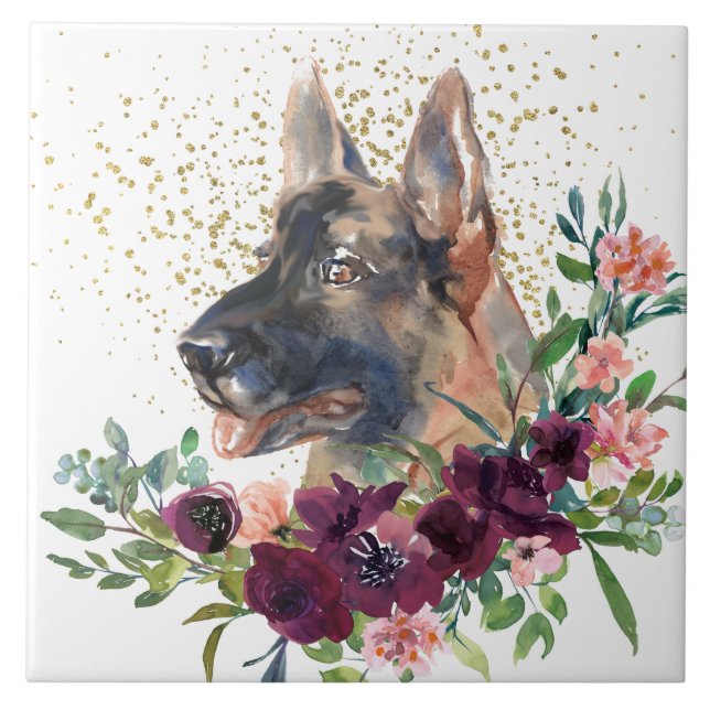 Crimson Floral Bouquet German Shepherd Dog Ceramic Tile (Front)