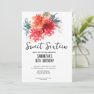 Crimson Floral Sweet 16 Invite - Watercolor Design