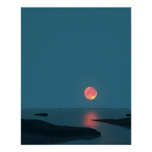 Crimson Full Moon Over Calm Waters Poster