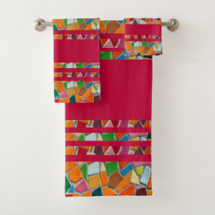 Crimson Glory Red Mosaic Pattern Bath Towel Set