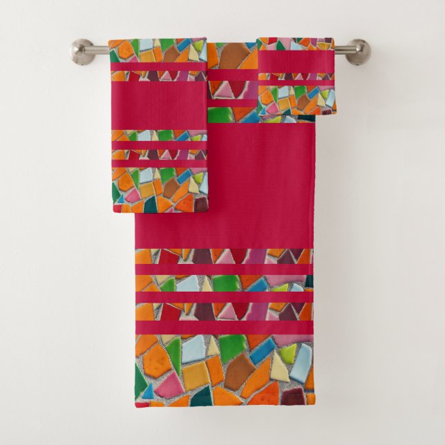 Crimson Glory Red Mosaic Pattern Bath Towel Set (Insitu)