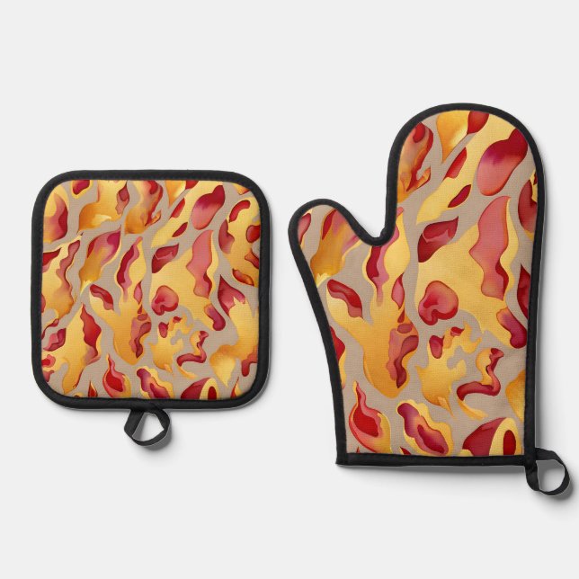 Crimson Gold Abstract Liquid Marble Oven Mitt & Pot Holder Set (Front)
