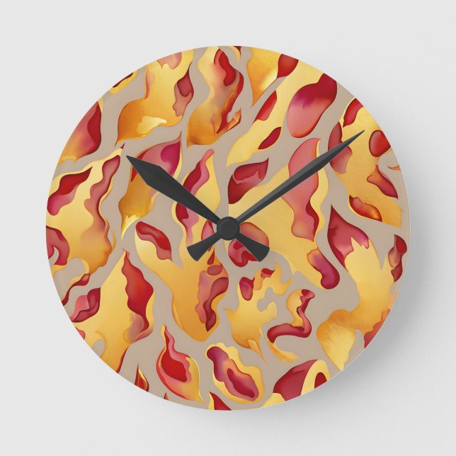 Crimson Gold Abstract Liquid Marble Round Clock (Front)