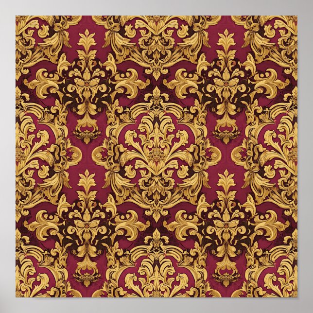 Crimson Gold Baroque Damask Pattern Poster (Front)