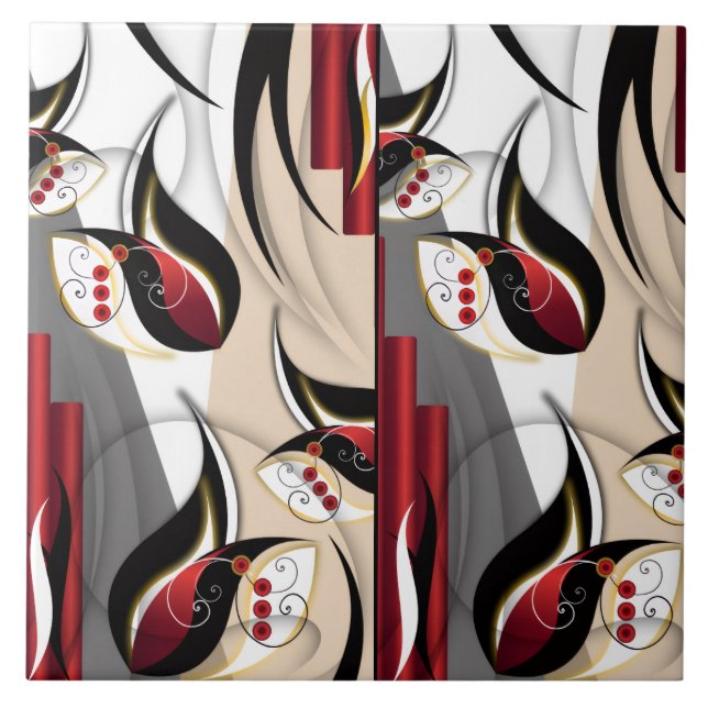 Crimson & Gold Botanical Harmony Ceramic Tile (Front)