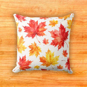 Crimson Gold Watercolor Maple Leaf Pattern Cushion