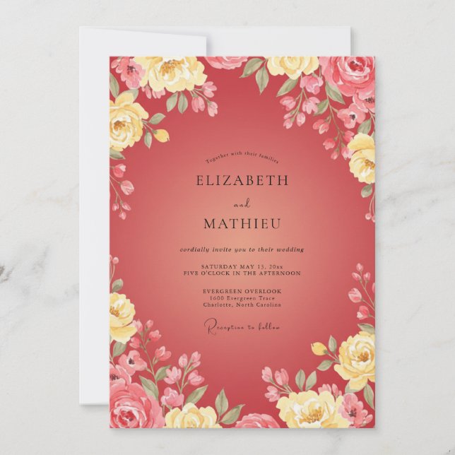 Crimson Golden Bloom Wedding Invitation (Front)