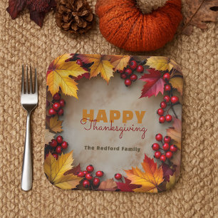 Crimson Golden Foliage Red Berries Thanksgiving Paper Plate
