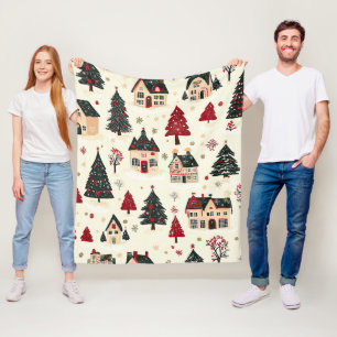 Crimson Green Christmas Village Snowy Toile Fleece Blanket