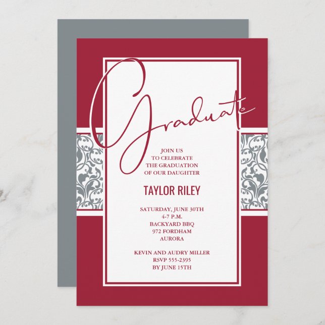 Crimson Grey Damask Graduation Invitation (Front/Back)