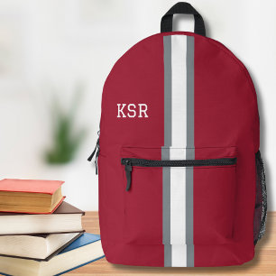 Crimson/Grey/White Stripe College Colours Monogram Printed Backpack