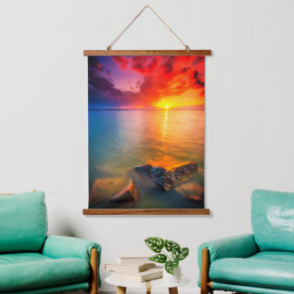 Crimson Horizon Over Gentle Waters Hanging Tapestry