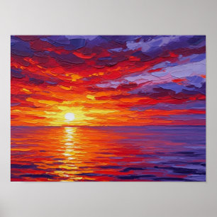 Crimson Horizon Sunset over the Ocean: Poster
