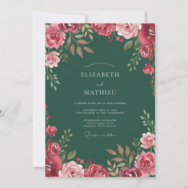 Crimson Hunter Ranunculus Eucalyptus Wedding Invitation (Front)