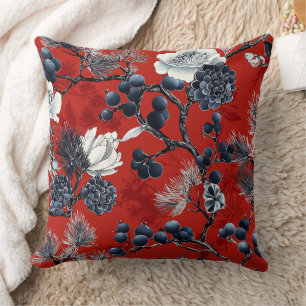 Crimson Indigo Chinoiserie Peony Magnolia Winter Cushion