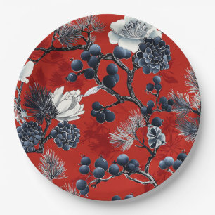 Crimson Indigo Chinoiserie Peony Magnolia Winter Paper Plate