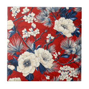 Crimson Indigo Peony Winter Floral Pattern Ceramic Tile