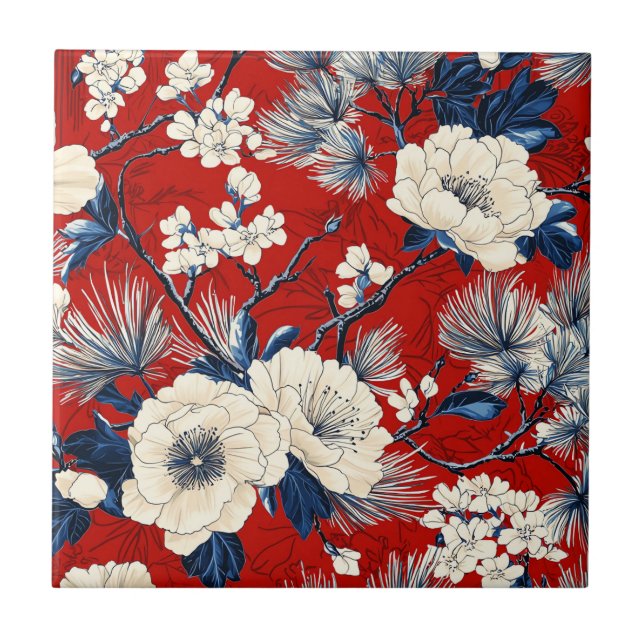 Crimson Indigo Peony Winter Floral Pattern Ceramic Tile (Front)