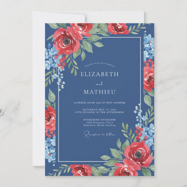 Crimson Indigo Petal Wedding Invitation (Front)