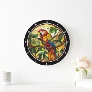 Crimson Jungle Time" - Stained Glass Red Parrot Large Clock
