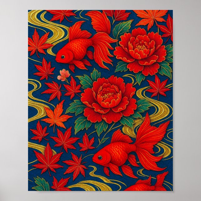 Crimson Koi Dance in Autumn Bloom Poster (Front)