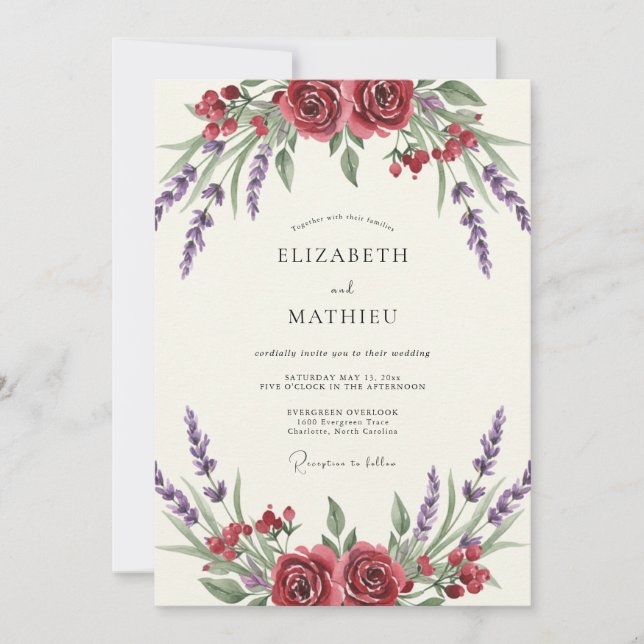 Crimson Lavender Painted Wedding Invitation (Front)
