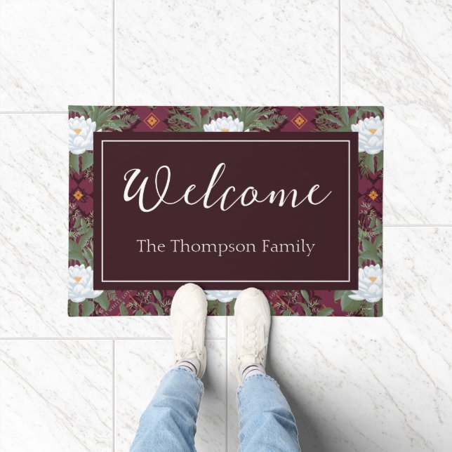 Crimson Lotus Elegance Pattern - The White Lotus Doormat (Indoor)