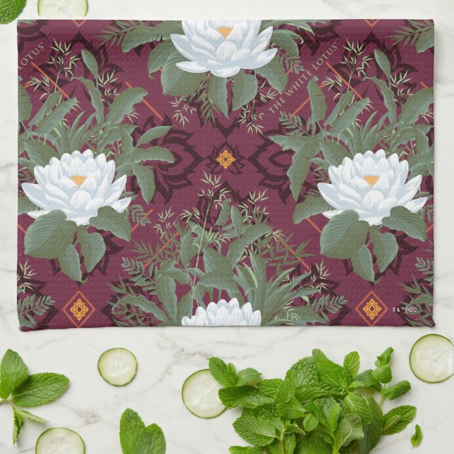 Crimson Lotus Elegance Pattern - The White Lotus Tea Towel (Folded)