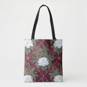 Crimson Lotus Elegance Pattern - The White Lotus Tote Bag