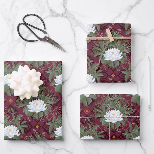 Crimson Lotus Elegance Pattern - The White Lotus Wrapping Paper Sheet (Front)
