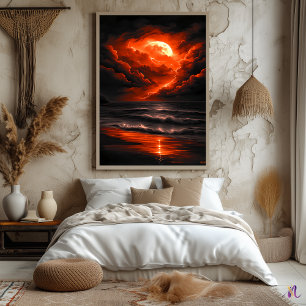 Crimson Moon Tempest – Fiery Storm Over the Ocean Poster