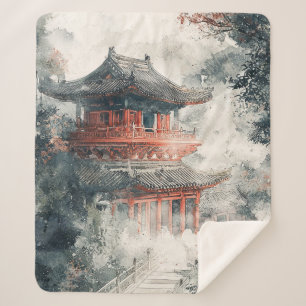 Crimson Mountain Pagoda Ink Wash (1) Sherpa Blanket