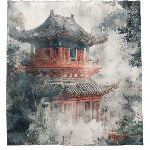 Crimson Mountain Pagoda Ink Wash (1) Shower Curtain