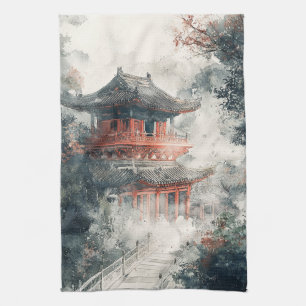 Crimson Mountain Pagoda Ink Wash (1) Tea Towel