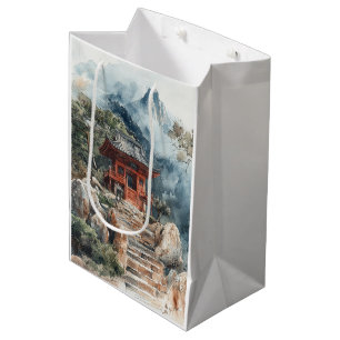 Crimson Mountain Pagoda Ink Wash (2) Medium Gift Bag