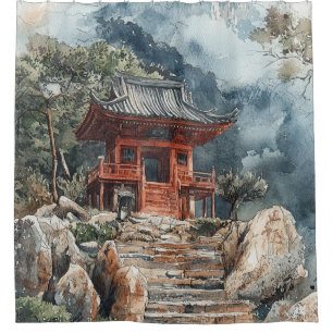 Crimson Mountain Pagoda Ink Wash (2) Shower Curtain