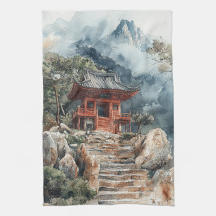 Crimson Mountain Pagoda Ink Wash (2) Tea Towel