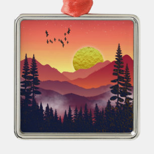Crimson Mountains Landscape Metal Ornament
