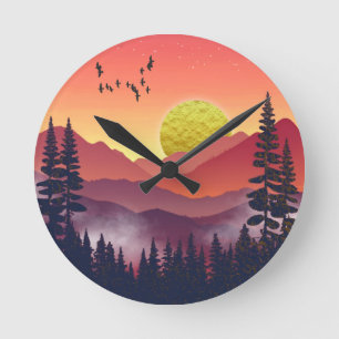 Crimson Mountains Landscape Round Clock