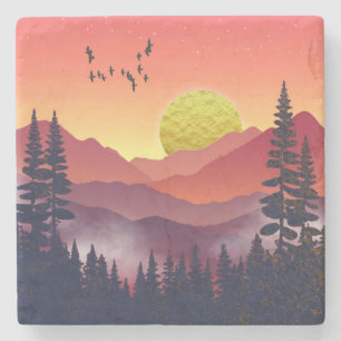 Crimson Mountains Landscape Stone Coaster