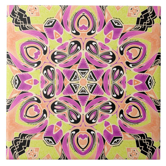 Crimson , multi-coloured mandala , mandala ,lime , ceramic tile (Front)