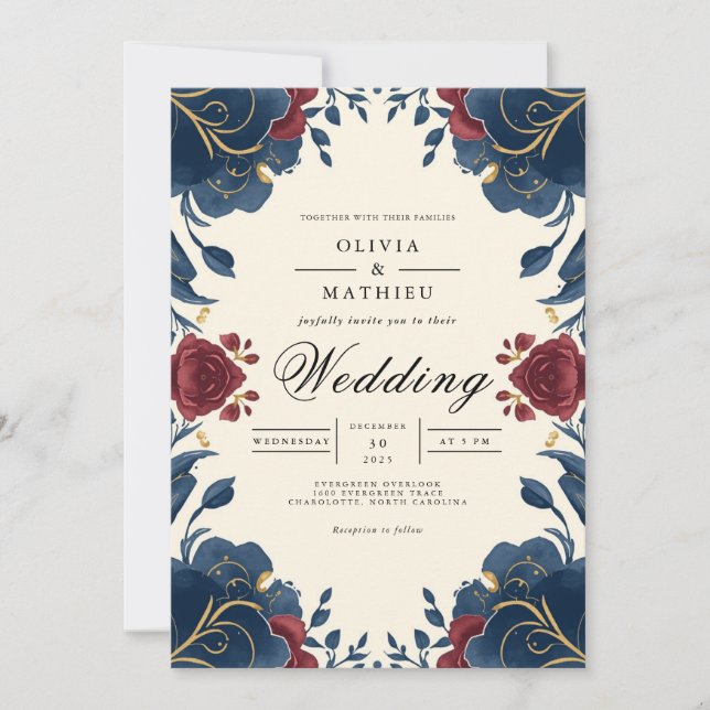 Crimson Navy Floral Arch Wedding Invitation (Front)