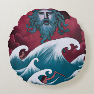 Crimson Neptune Oil Painting Round Cushion