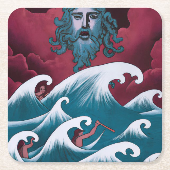 Crimson Neptune Oil Painting Square Paper Coaster (Front)